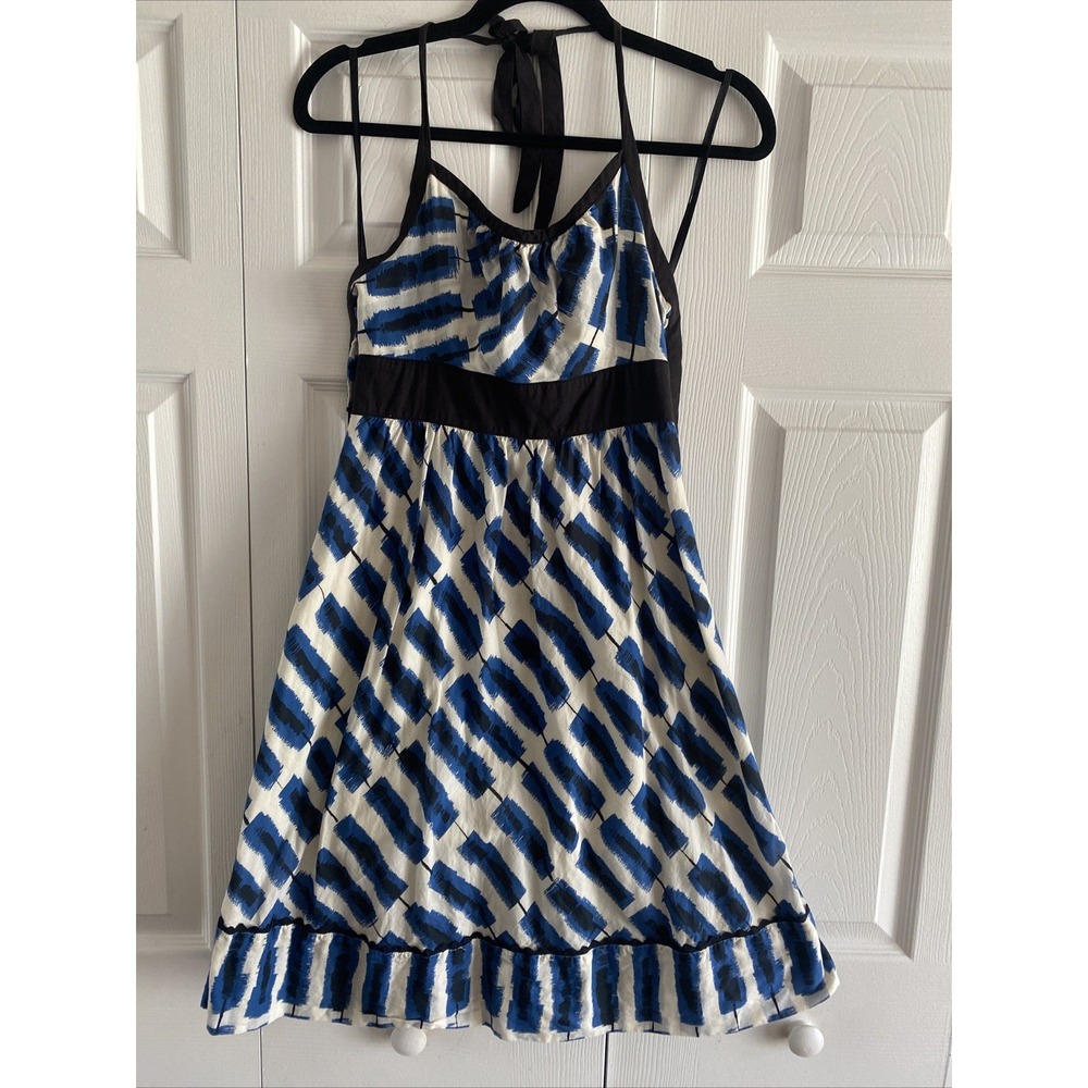 Maeve Halter Sun Dress Womens 10 Blue White Abstract Print Y2K Boho Ric Rac